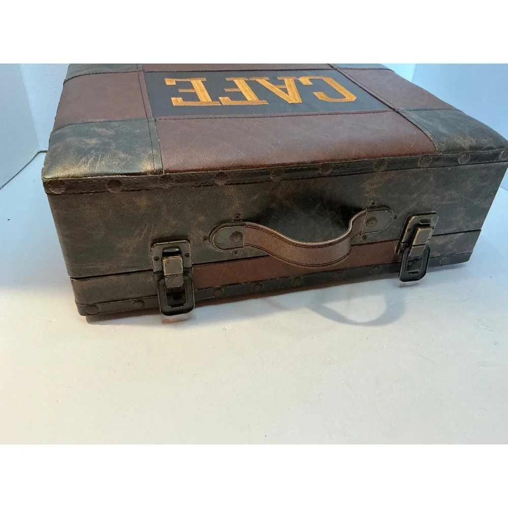 Vintage Style Cafe Storage Trunk Brown Faux Leather Patchwork Box Large